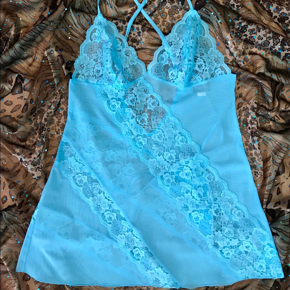 Frederick’s of Hollywood Vintage Chemise Blue Mesh & Lace with Panties L/XL NWT